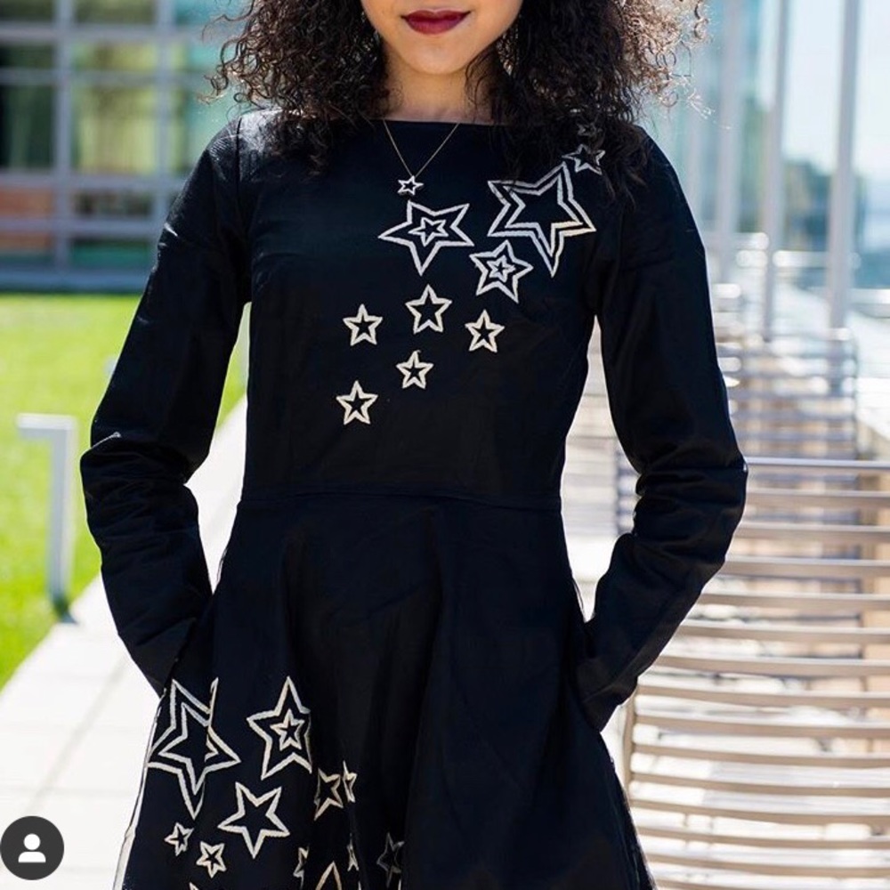 Mid length black dress with star design *POCKETS*